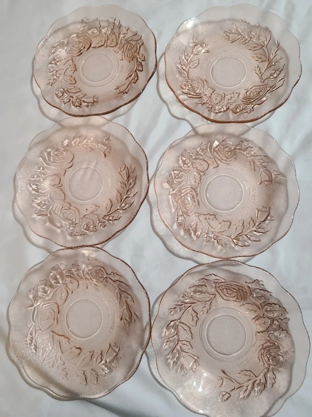 Tiara Pink Floral Pressed Glass Dessert Plates - Set of 6